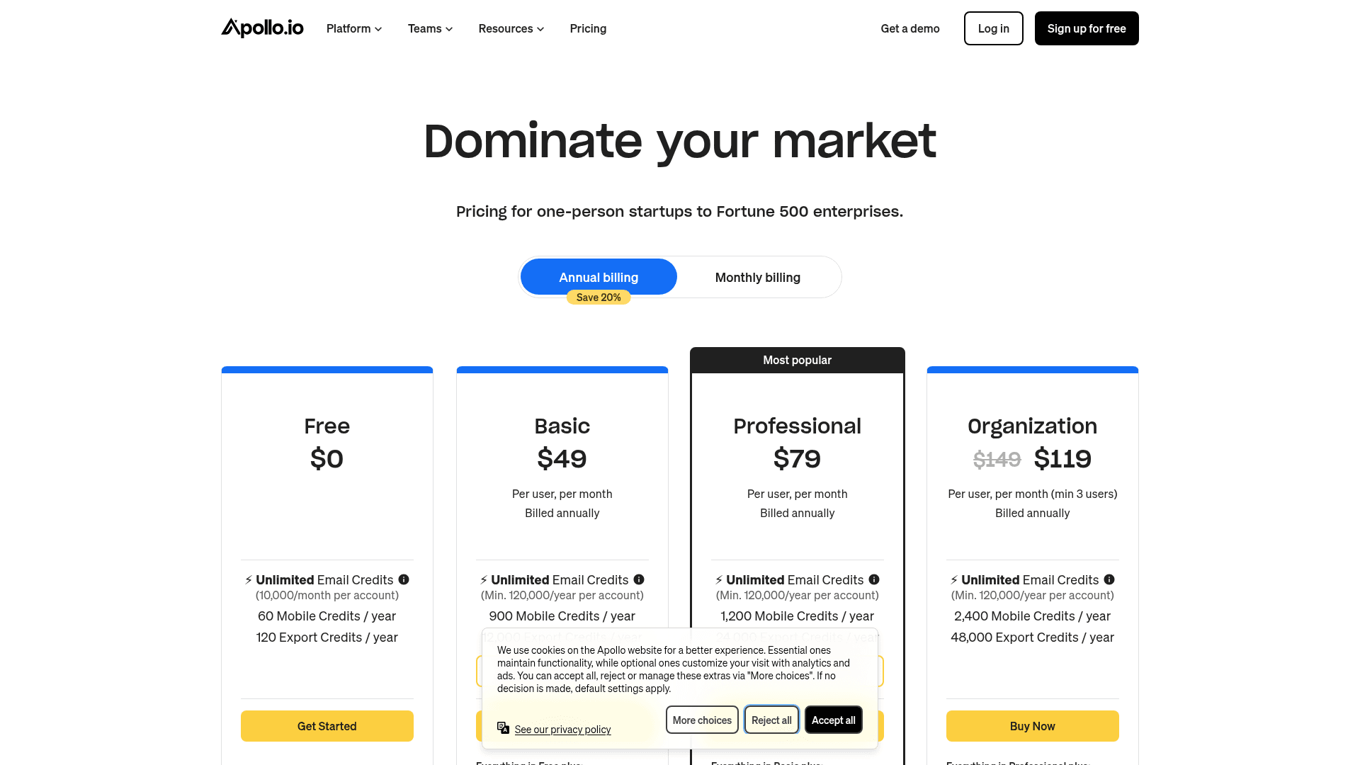 Pricing page of Apollo