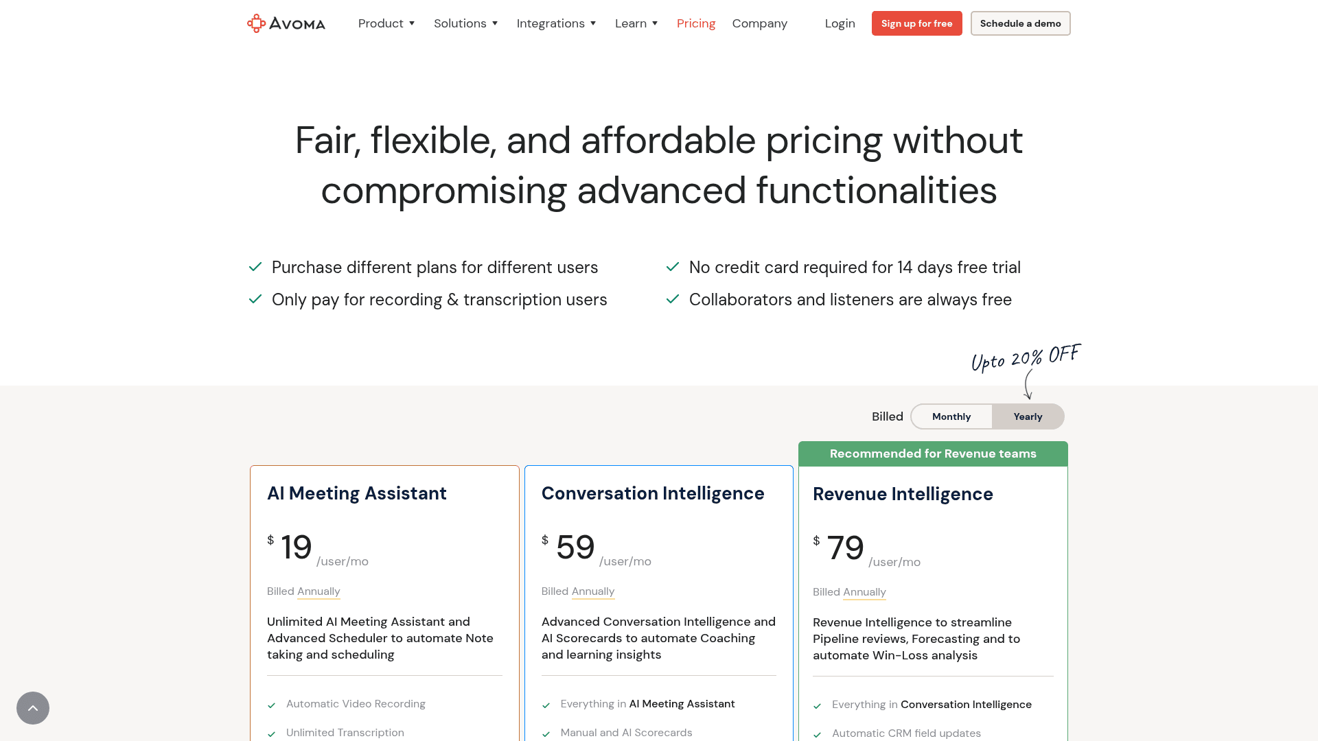 Pricing page of Avoma