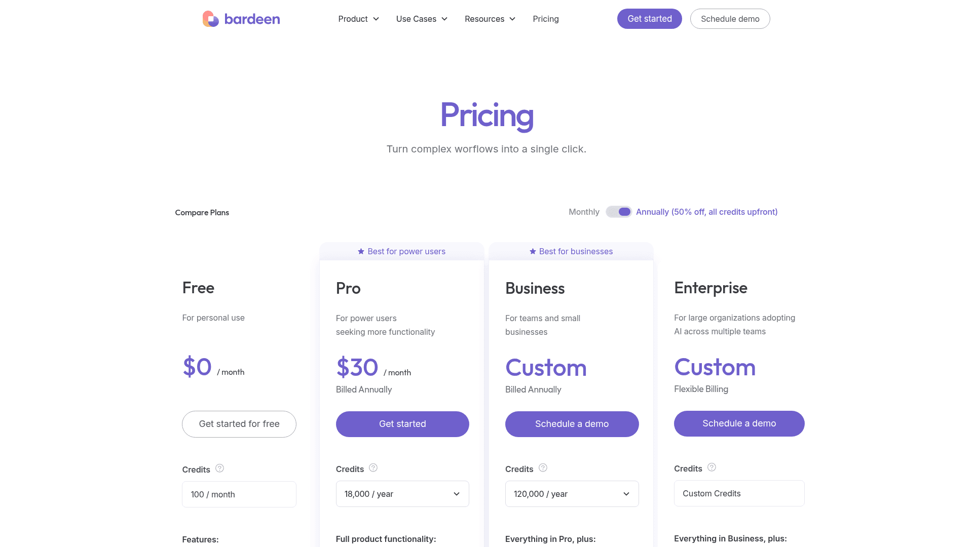 Pricing page of Bardeen