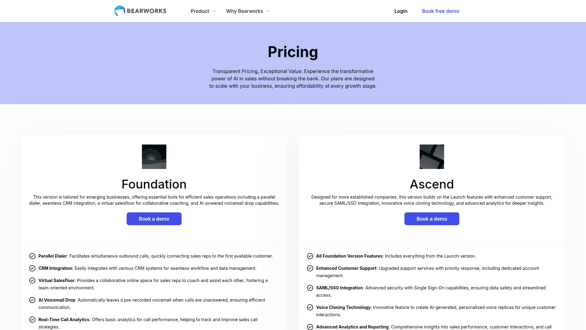 Pricing page of Bearworks