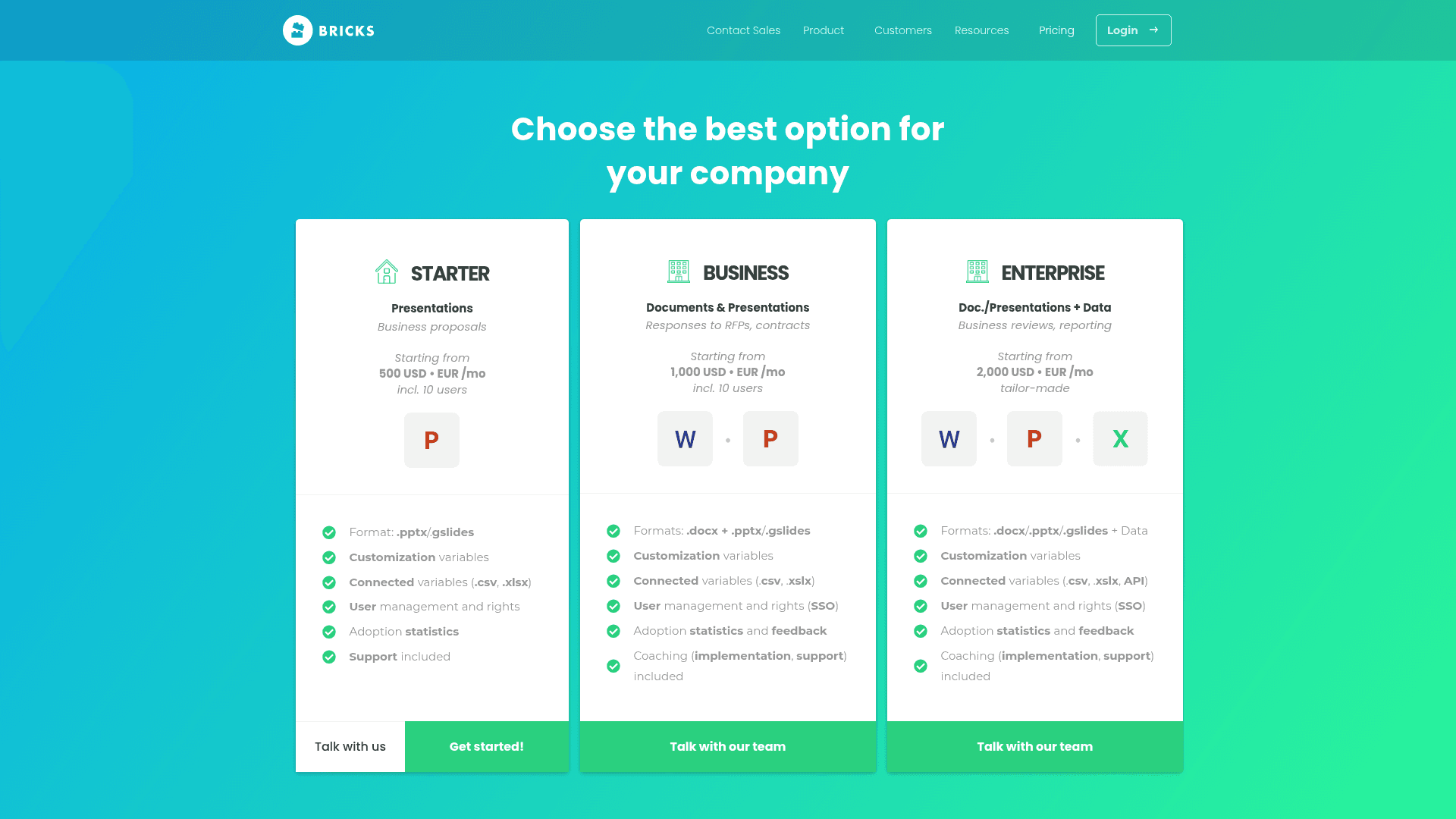 Pricing page of Bricksai