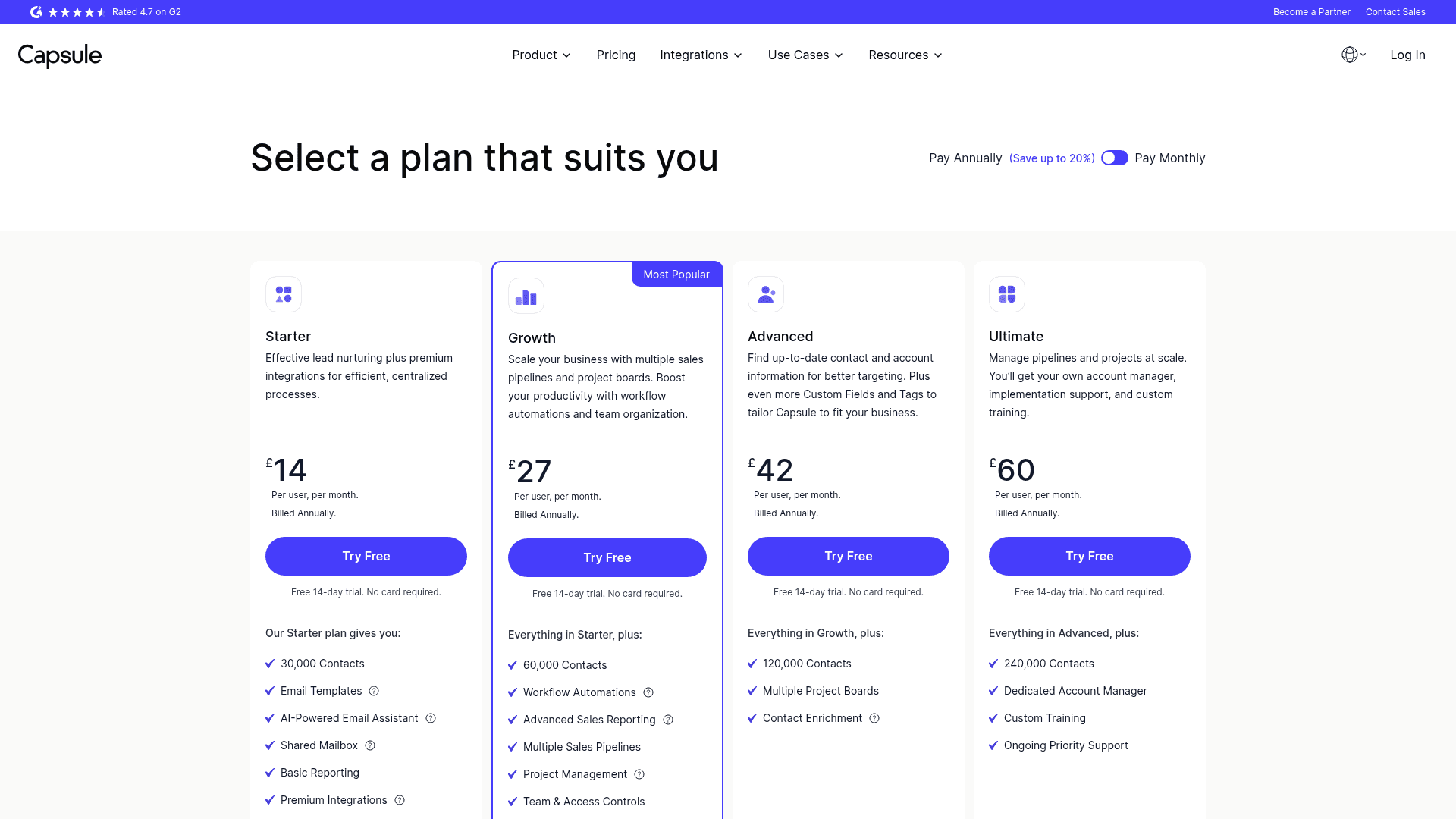 Pricing page of Capsule CRM