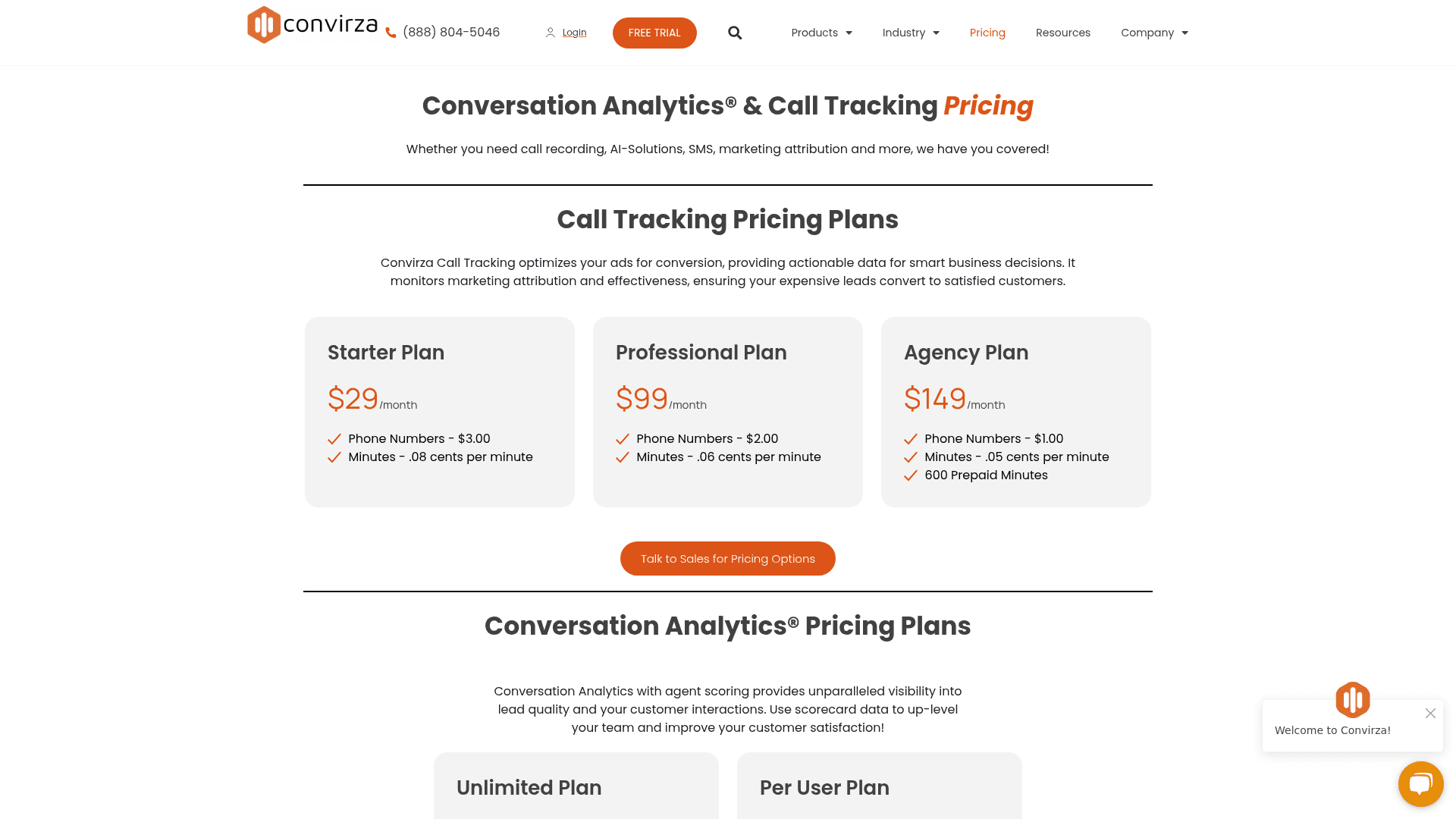 Pricing page of Convirza