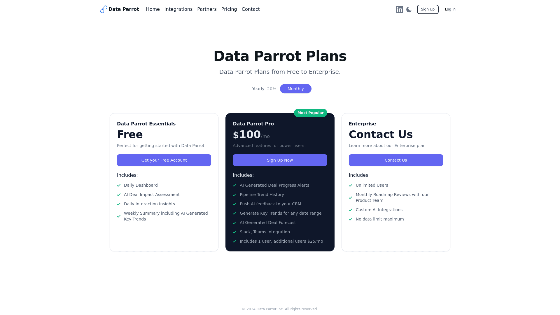 Pricing page of Data Parrot