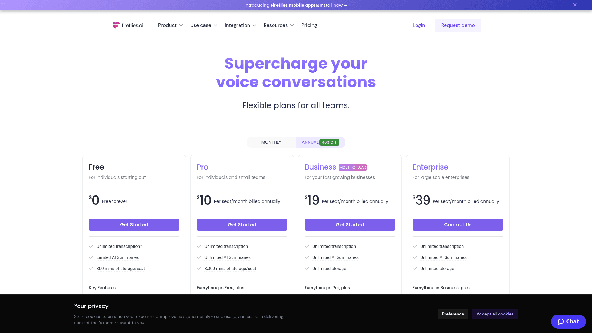 Pricing page of Fireflies