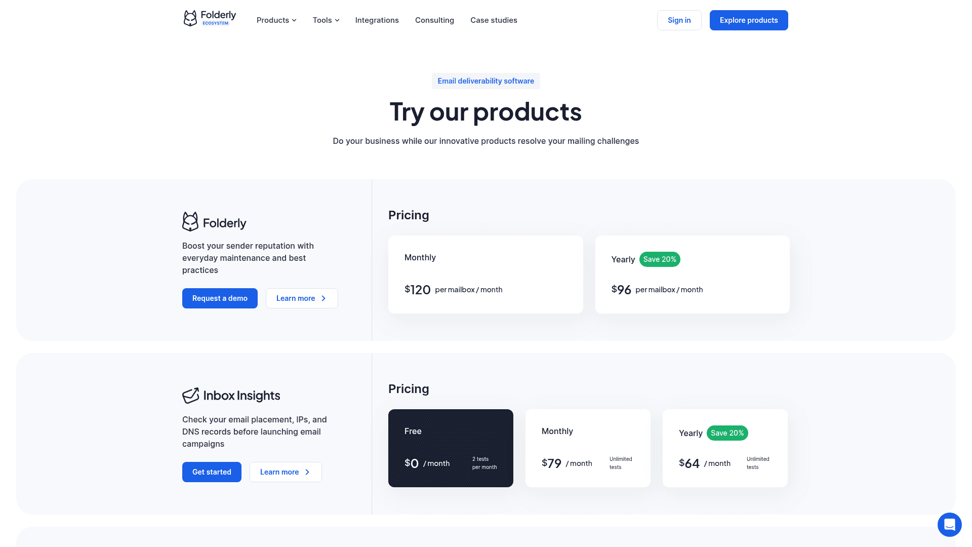 Pricing page of Folderly