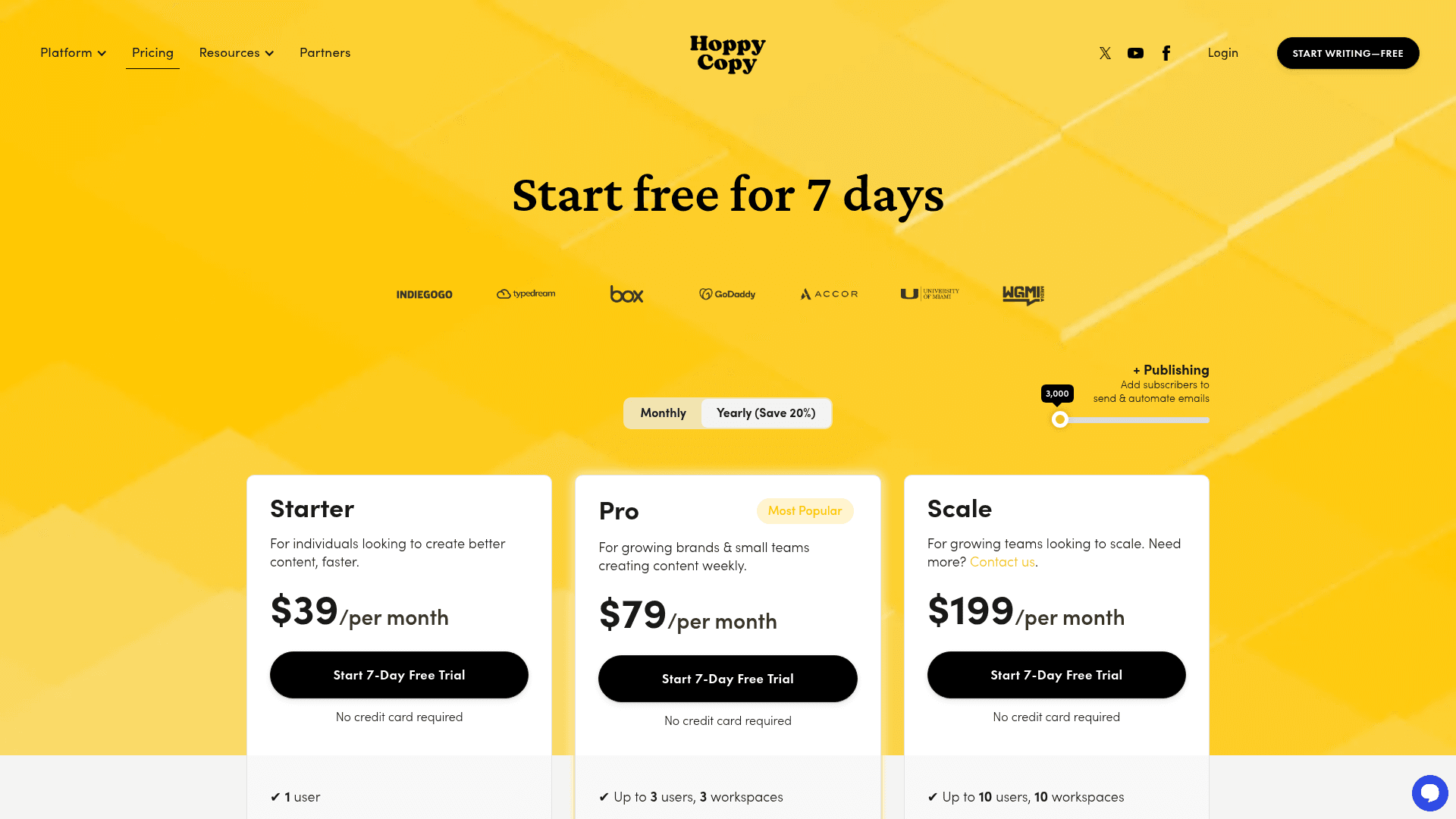 Pricing page of Hoppy Copy