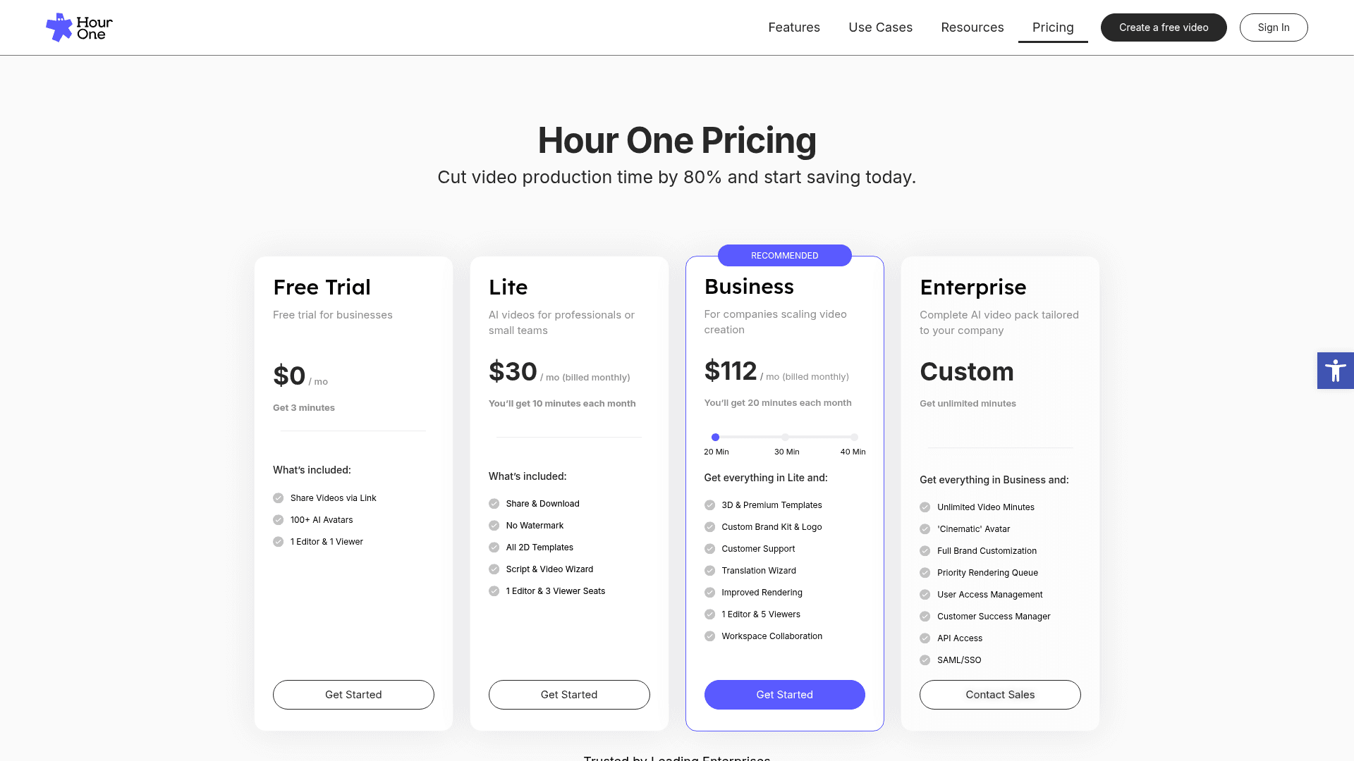 Pricing page of Hour One