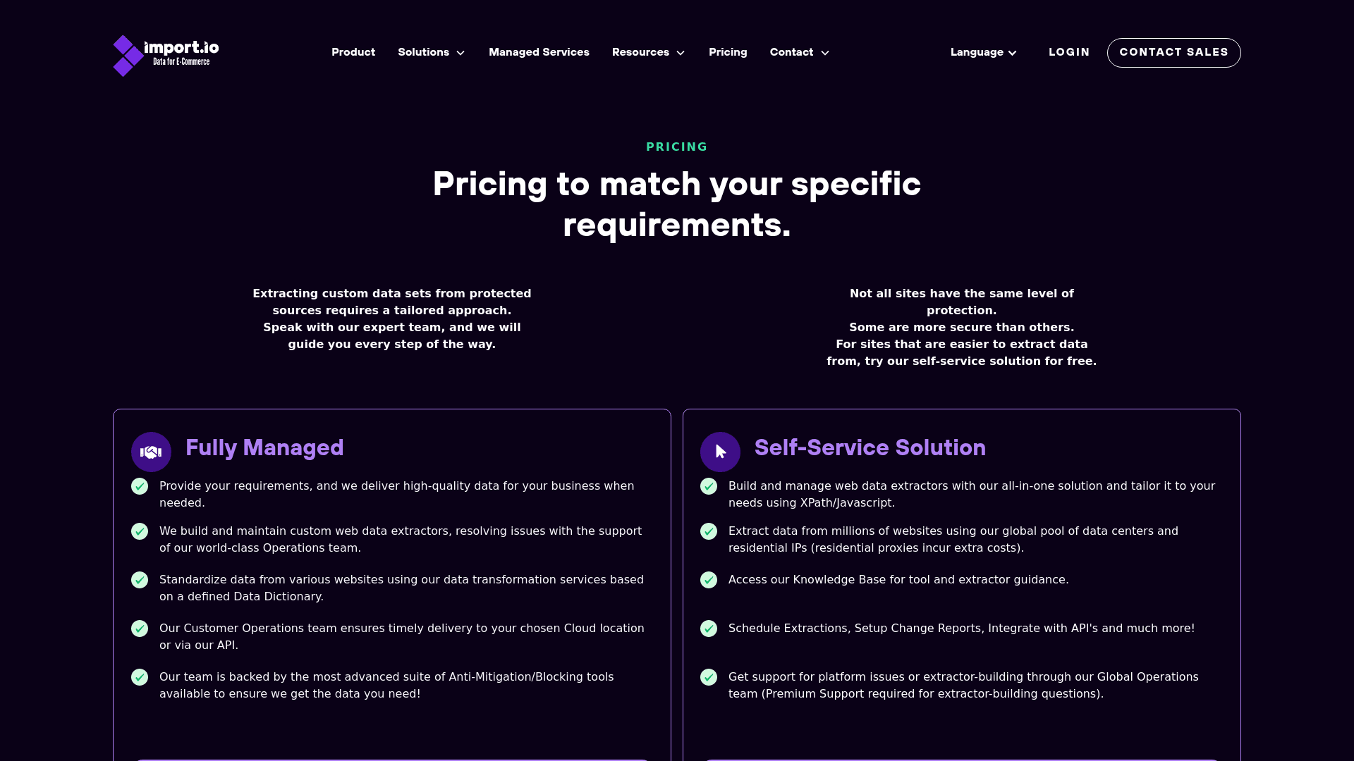 Pricing page of Importio