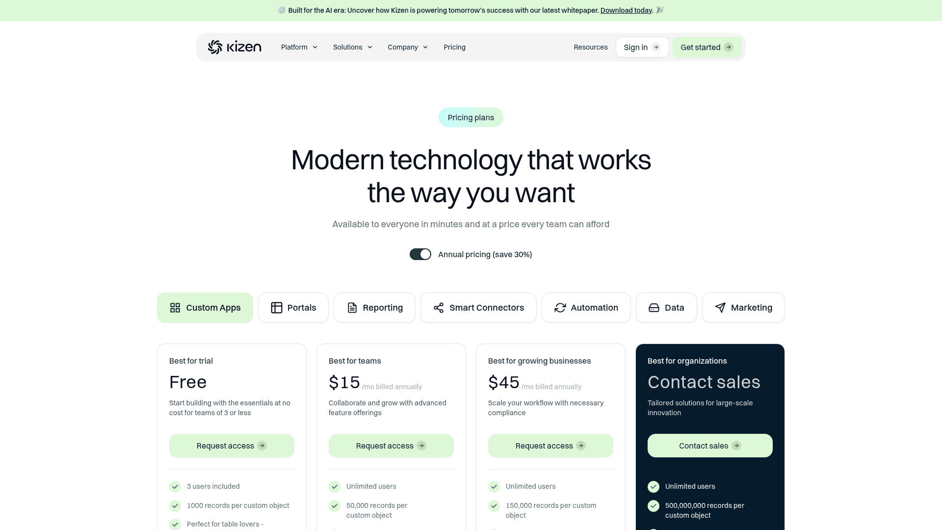 Pricing page of Kizen