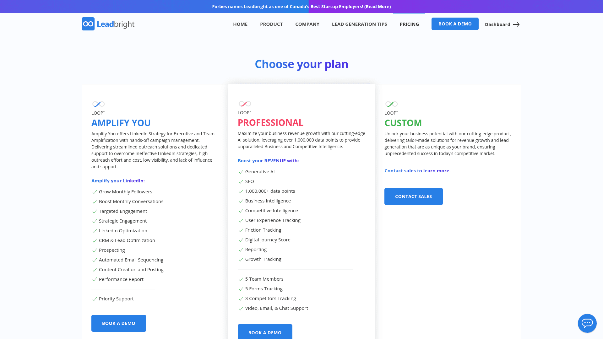 Pricing page of Leadbright