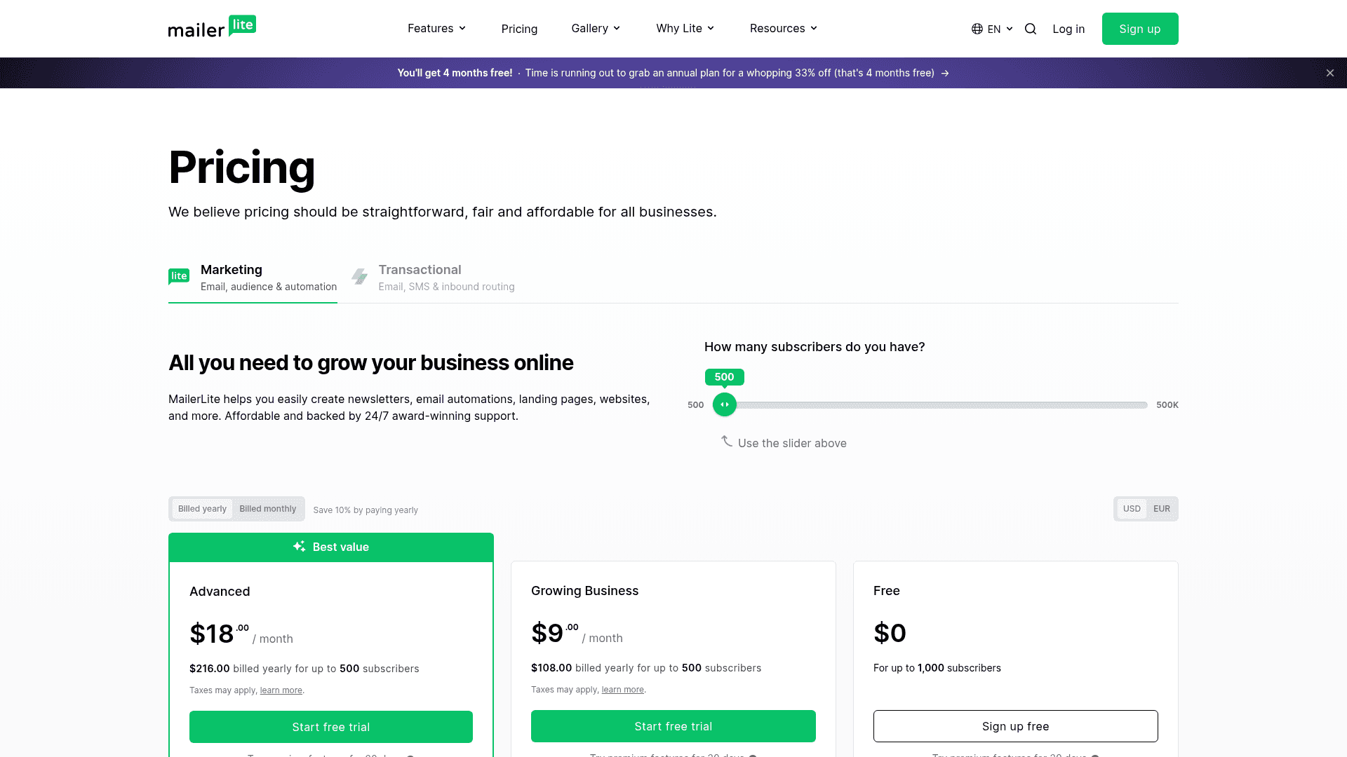 Pricing page of MailerLite