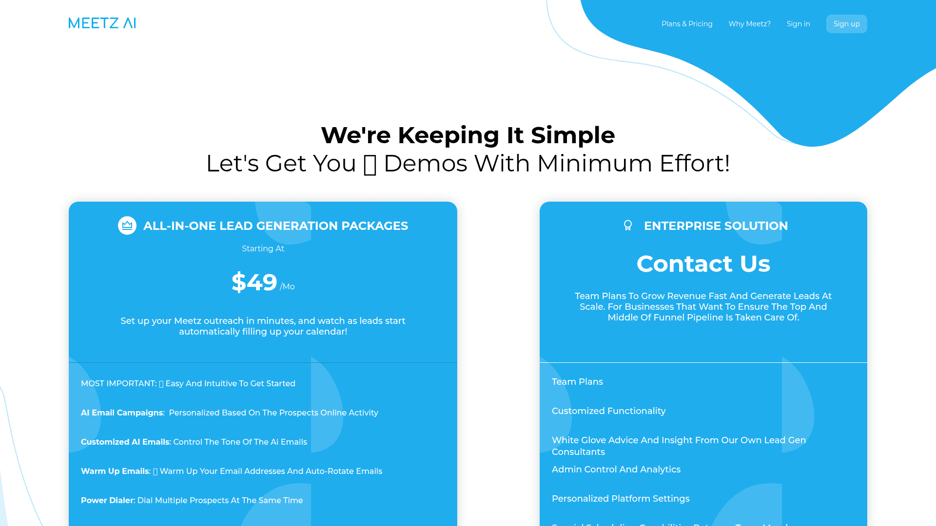 Pricing page of Meetz