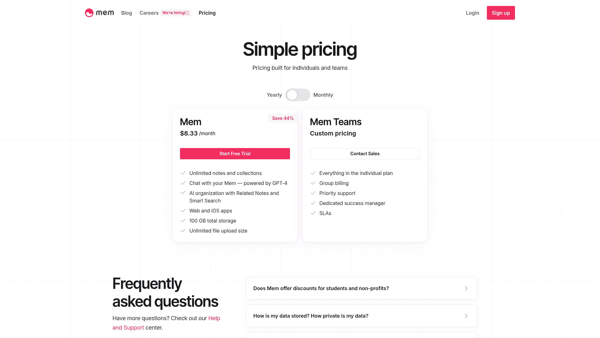 Pricing page of Memai