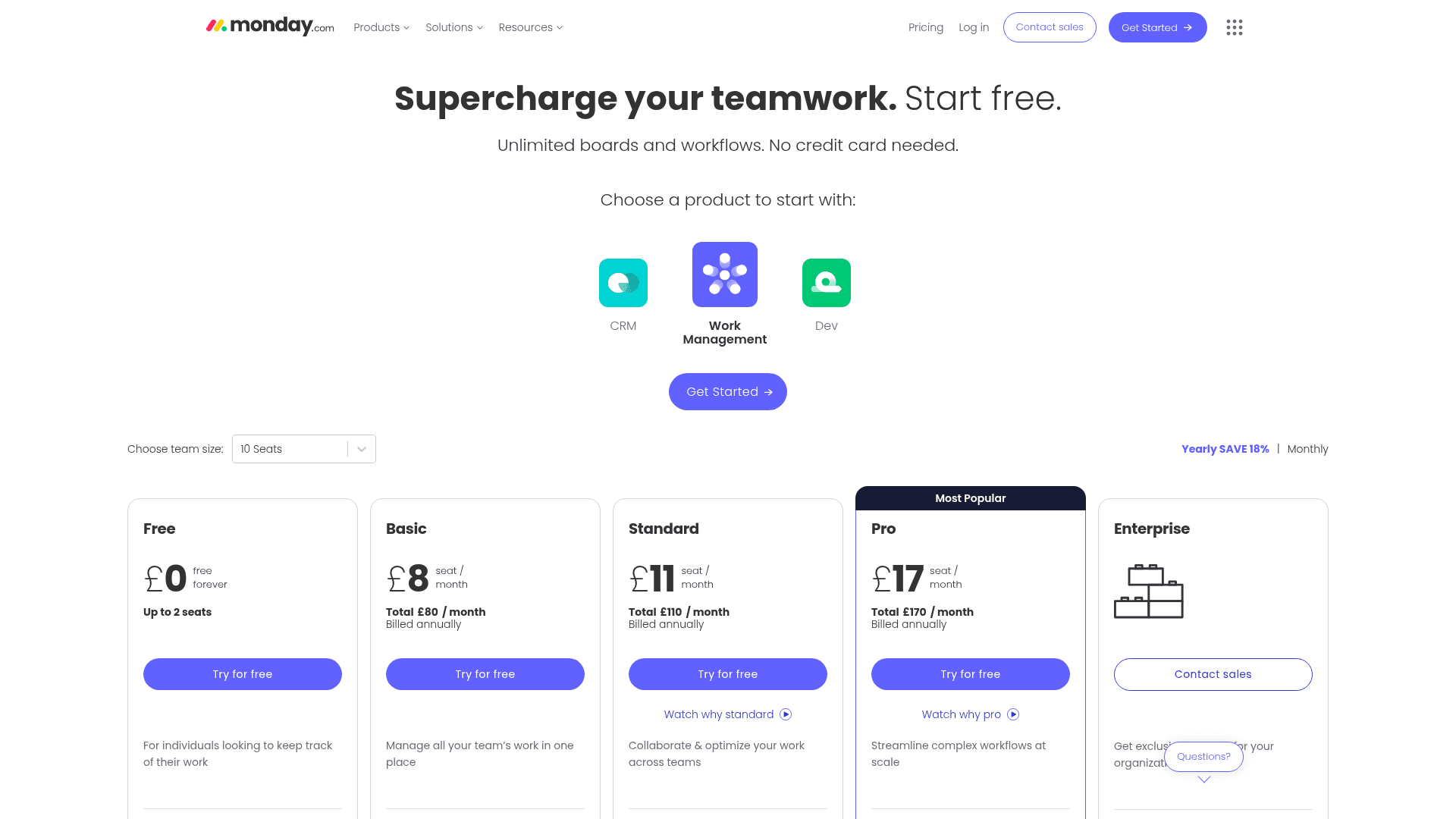 Pricing page of Monday