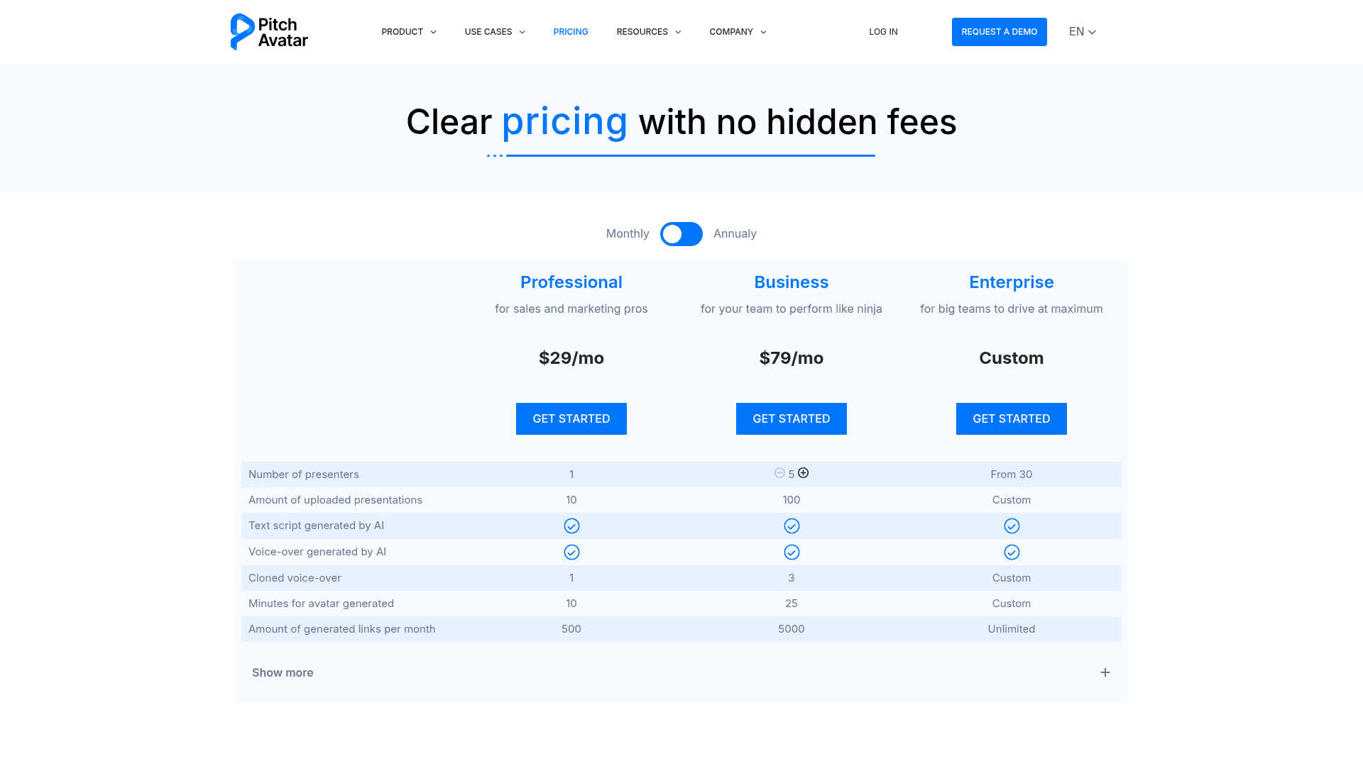 Pricing page of Pitch Avatar