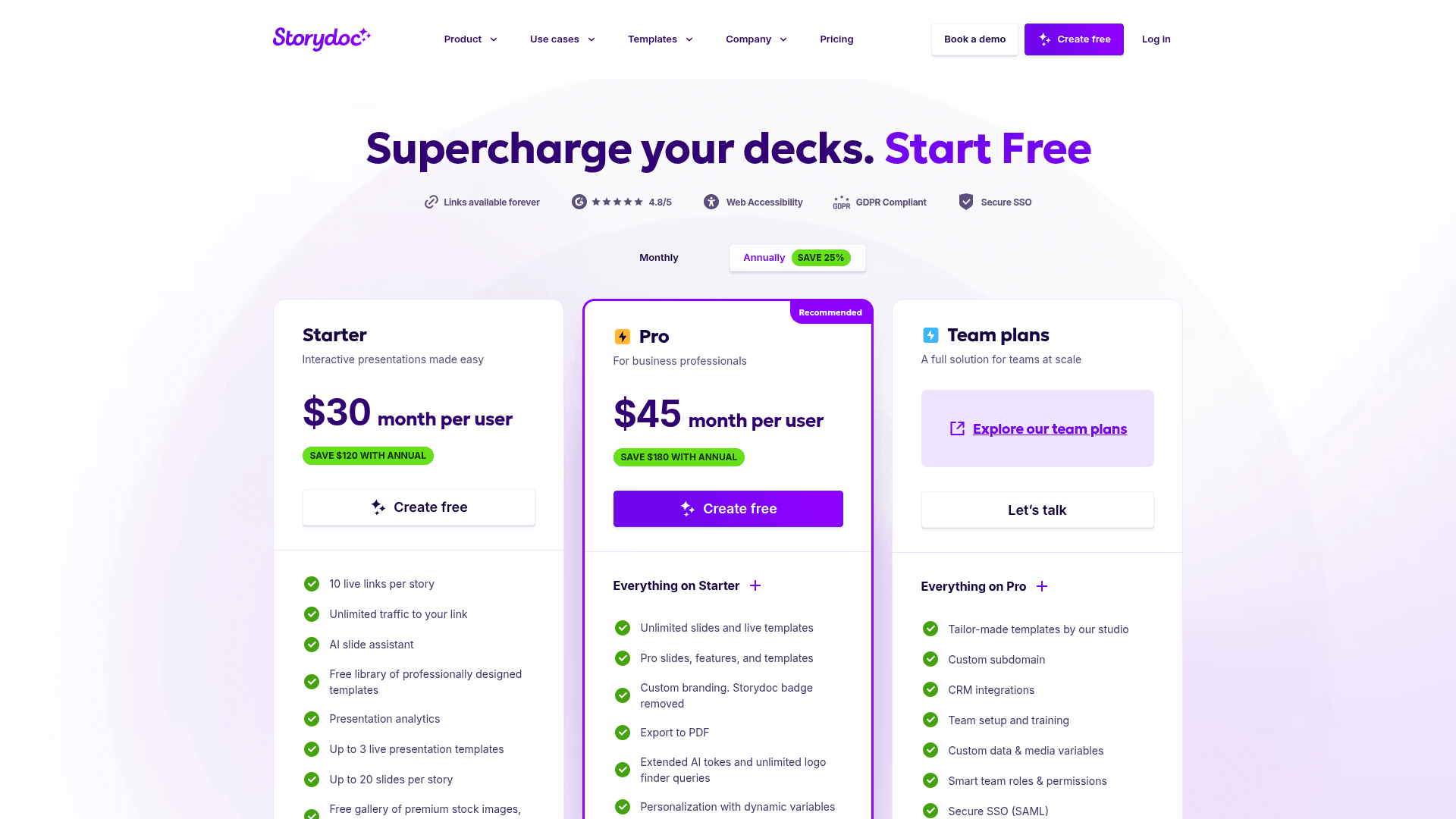 Pricing page of Storydoc