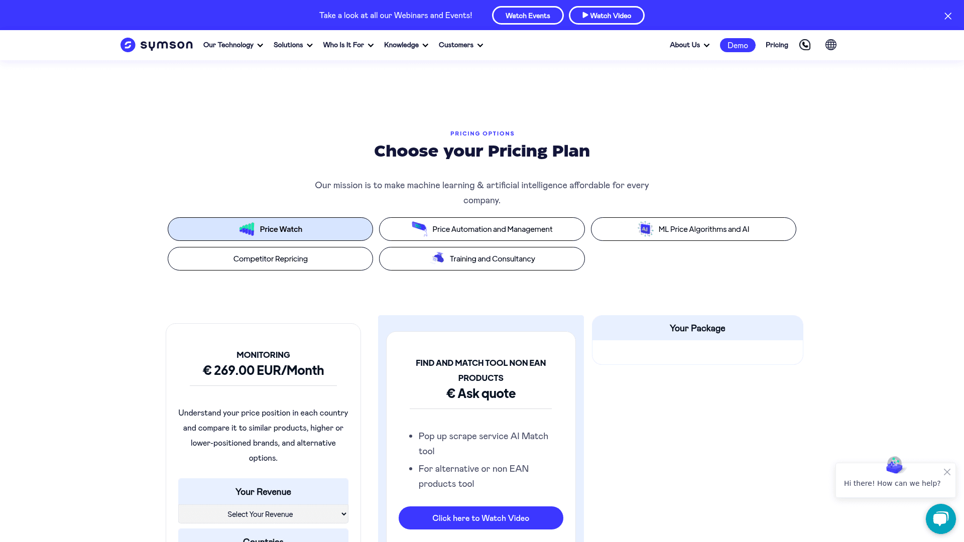 Pricing page of Symson