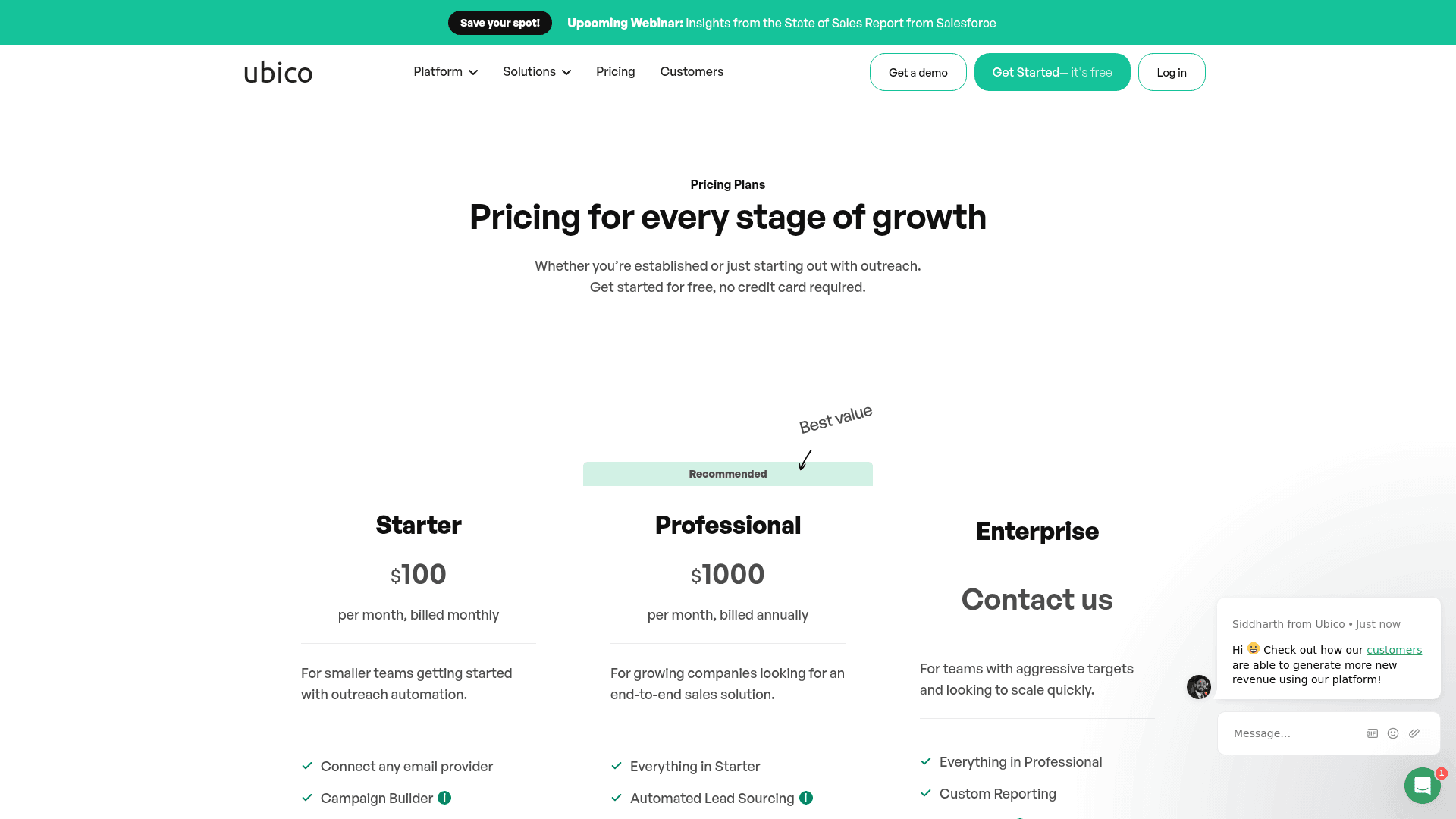 Pricing page of Ubico