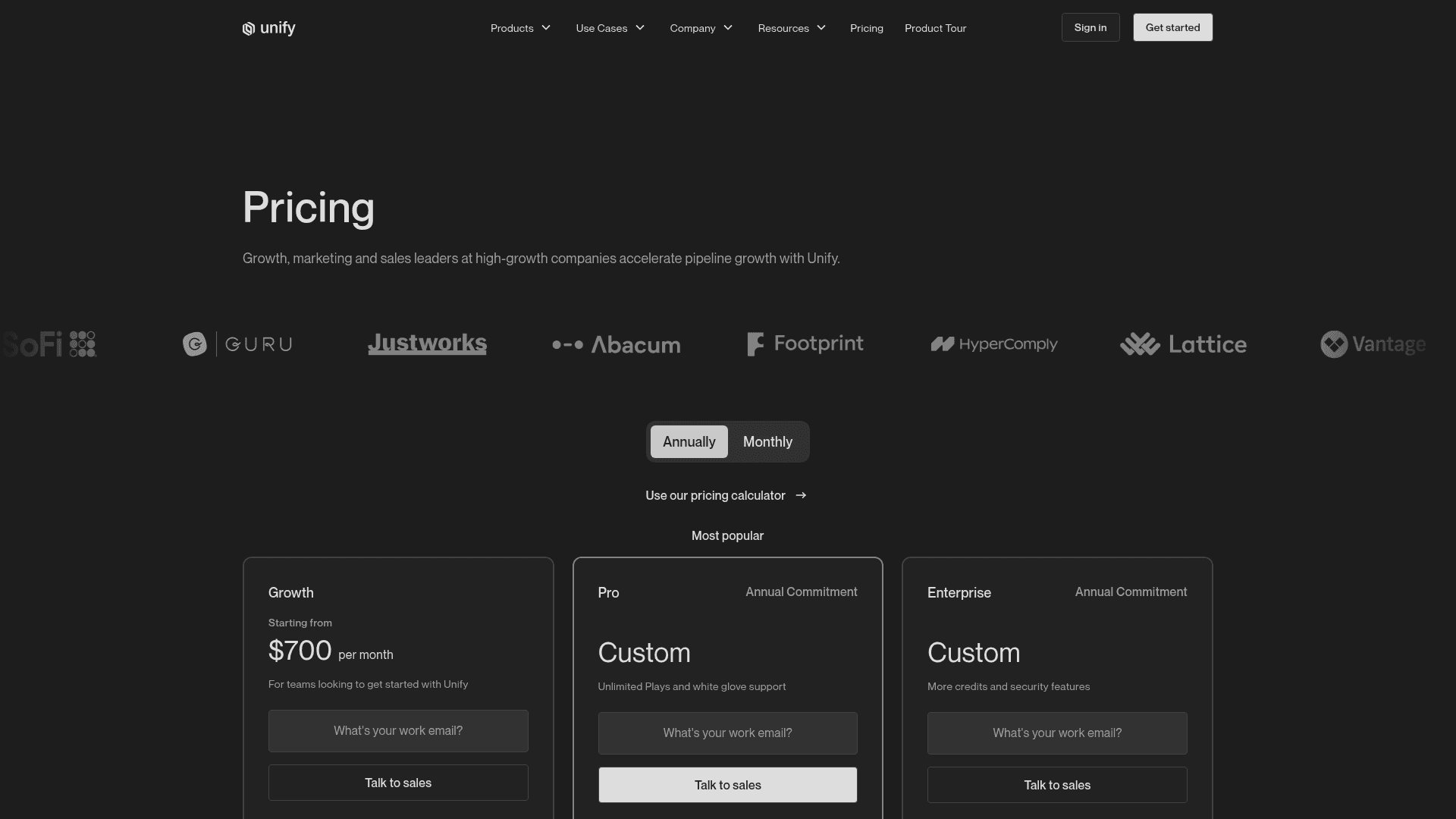 Pricing page of Unify