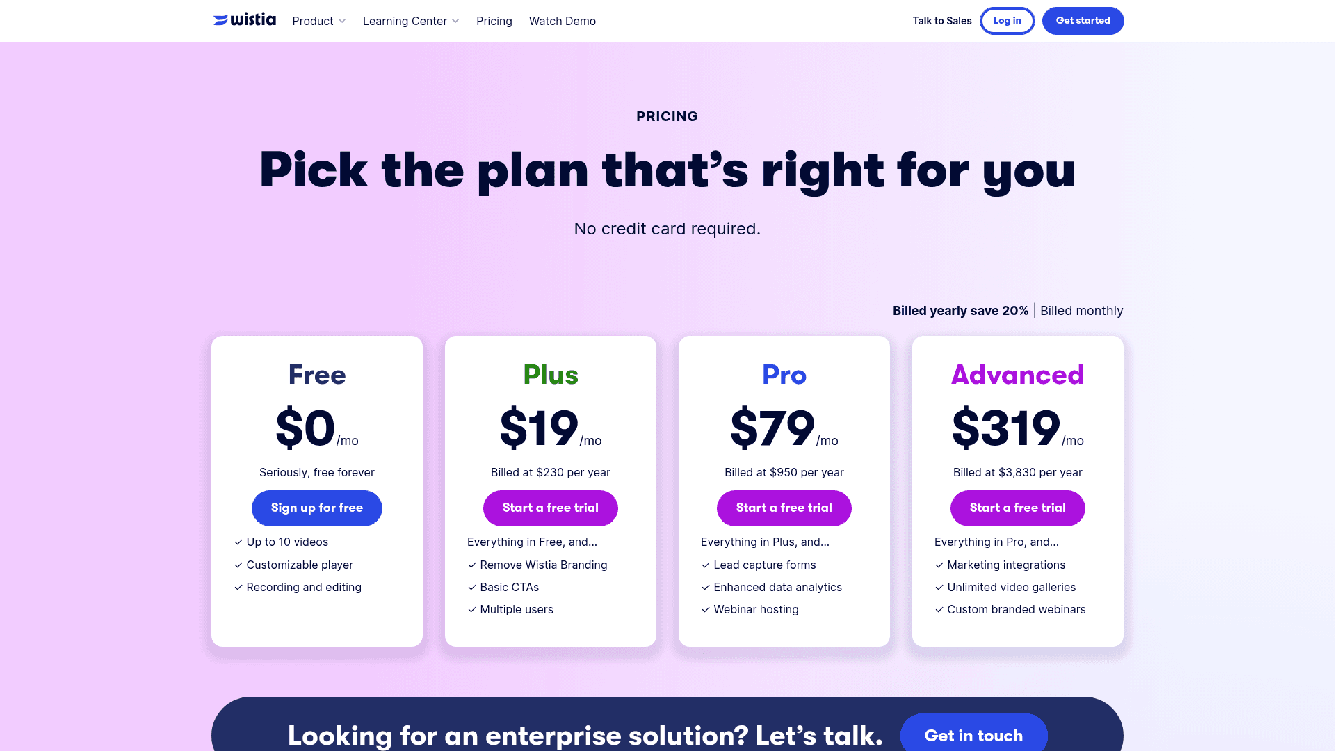 Pricing page of Wistia