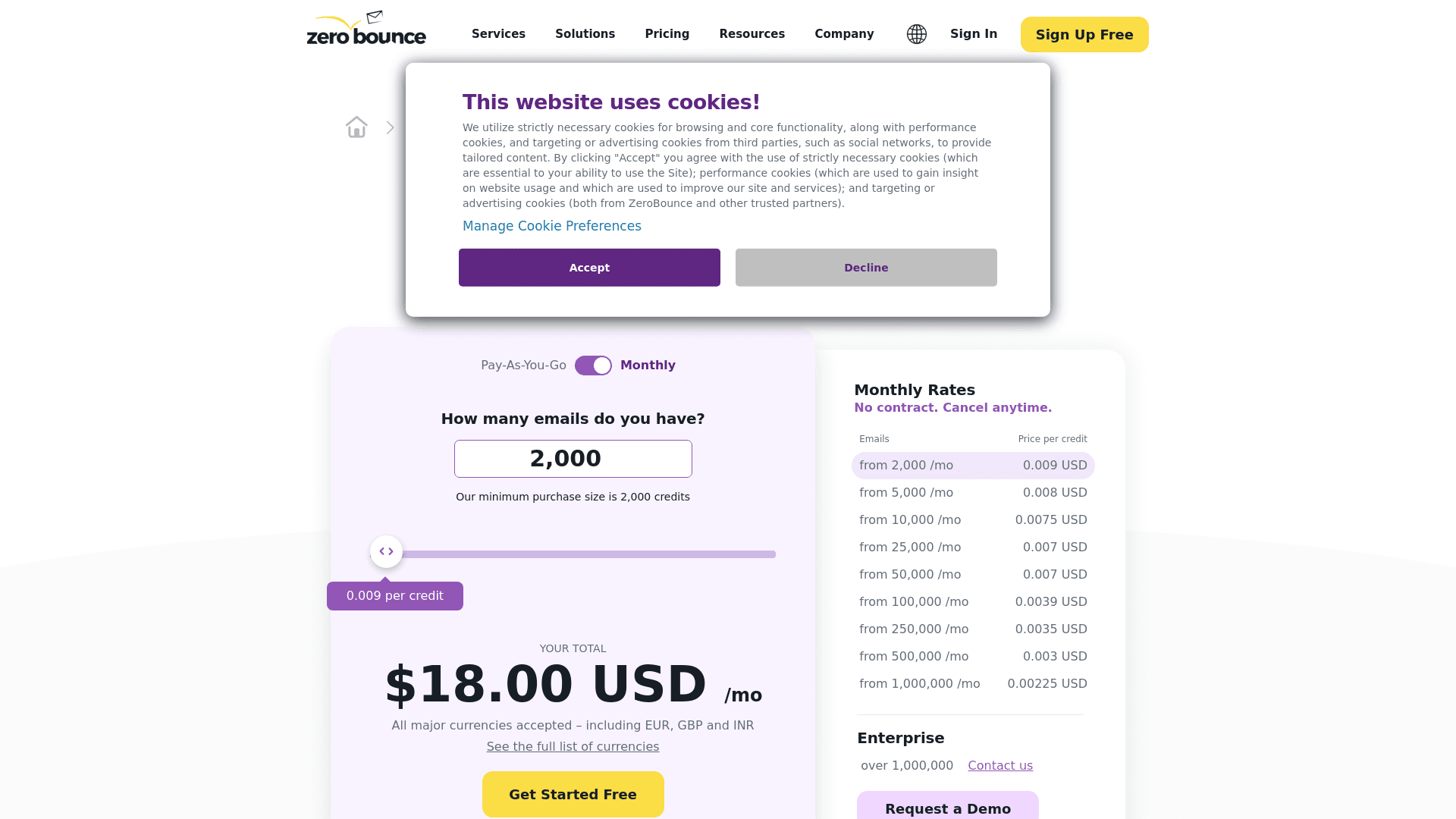 Pricing page of Zerobounce