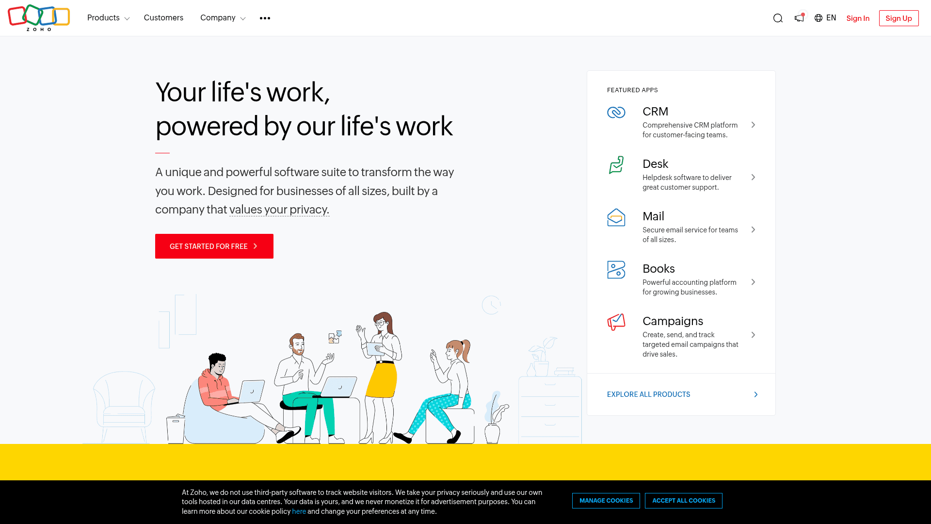 Homepage of Zoho